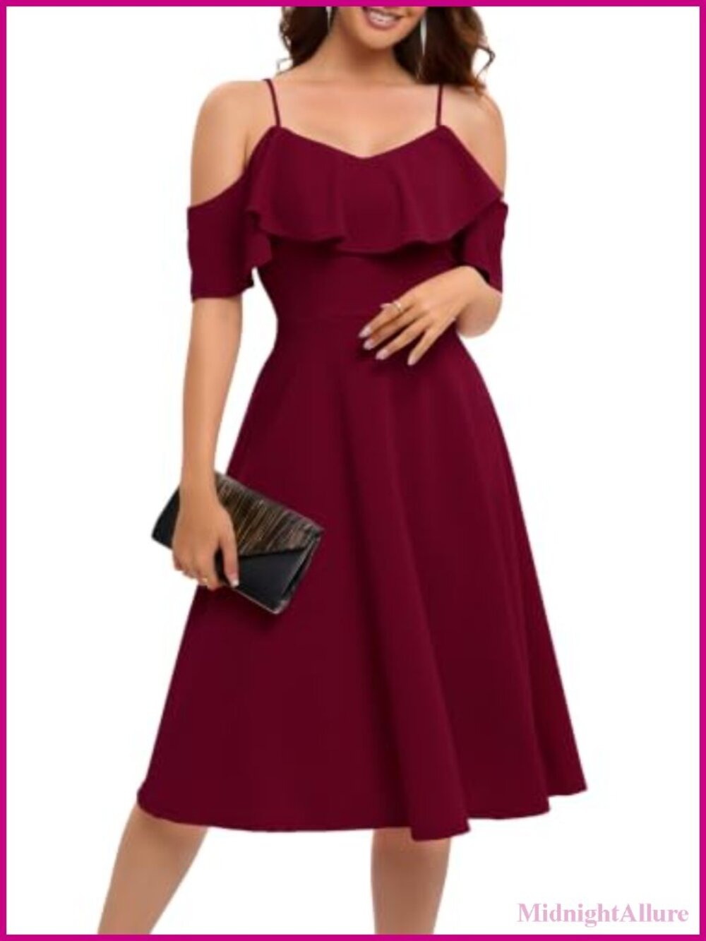 Elegant Off Shoulder A-Line Midi Cocktail Dress with Spaghetti Straps - Wedding